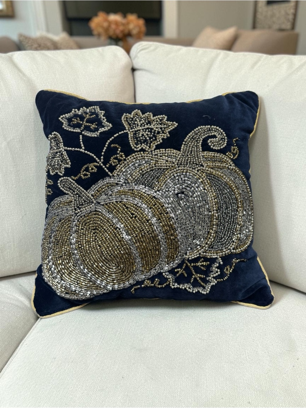 Autumn Hill Thanksgiving Fall Blue Gold Silver Beaded Pumpkin 12in Toss Pillow